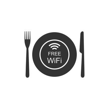 Restaurant Free Wi-Fi zone icon isolated. Plate, fork and knife sign. Flat design. Vector Illustration