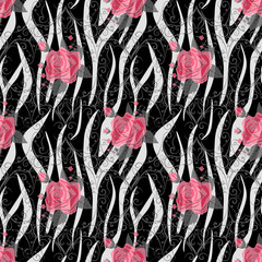 Zebra Stripes with red rose Flowers Seamless Pattern. Zebra print, animal skin, tiger stripes, abstract pattern, line background, fabric. Amazing hand drawn vector illustration. Poster, banner. eps10