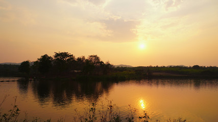 Sunset view in the middle of the valley and the backdrop of the lake