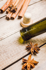 Red wine in glass on the rustic background. Selective focus. Shallow depth of field.