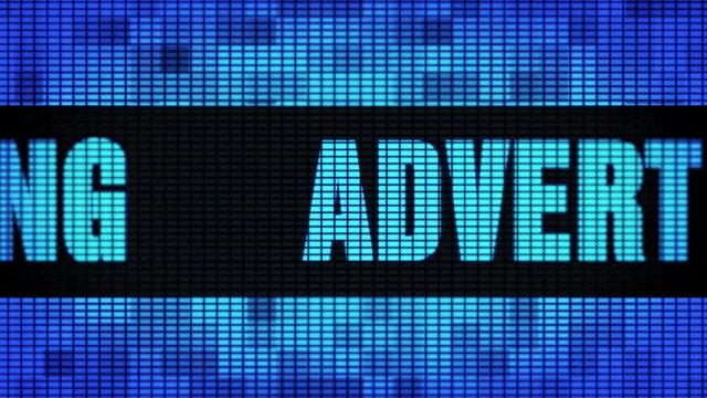 Advertising Front Text Scrolling on Light Blue Digital LED Display Board Pixel Light Screen Looped Animation 4K Background. Sign Board , Blinking Light, Pixel Monitor, LED Wall Pannel