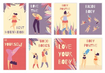 Set Colored Card Positive Body Woman Motivation