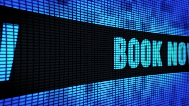 Book Now Side Text Scrolling on Light Blue Digital LED Display Board Pixel Light Screen Looped Animation 4K Background. Sign Board , Blinking Light, Pixel Monitor, LED Wall Pannel