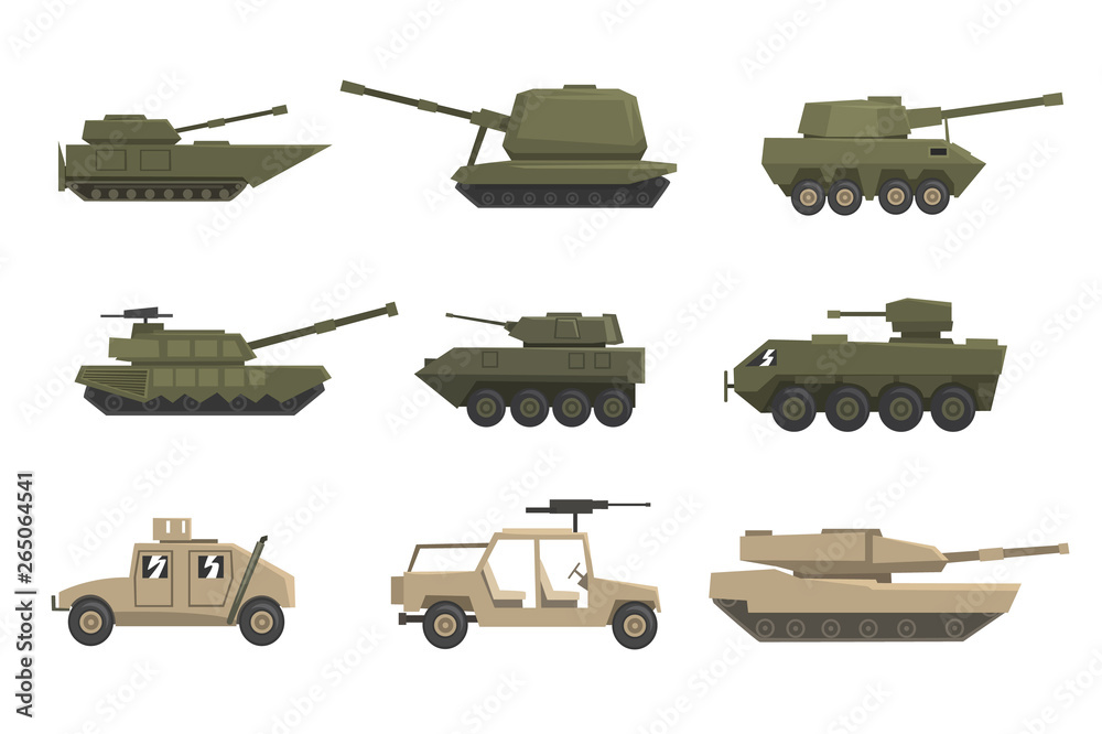 Wall mural Armored army vehicles set, military heavy, special transport vector Illustrations on a white background