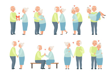 Senior man and woman having a good time together set, elderly romantic couple in love vector Illustrations on a white background