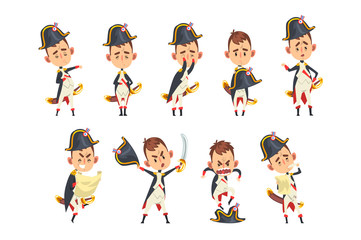 Napoleon Bonaparte cartoon character, French historical figure in different situations vector Illustration on a white background - obrazy, fototapety, plakaty