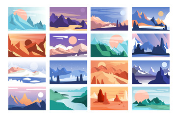 Mountain landscape set, scenes of nature in different time of year and day vector Illustration