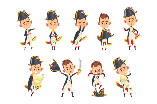 Napoleon Bonaparte cartoon character, French historical figure in different situations vector Illustration on a white background