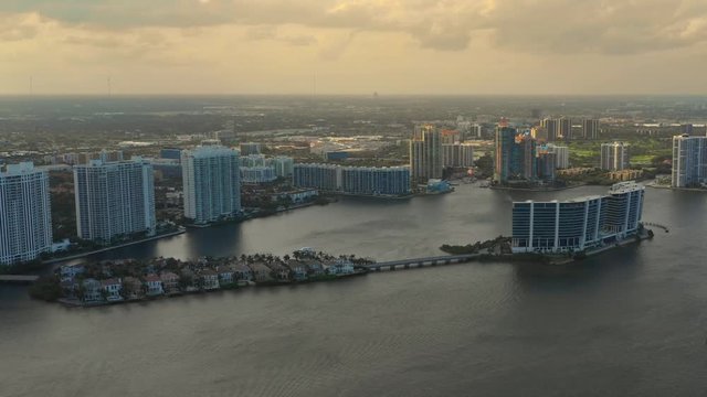 Aerial push in shot Aventura Biscayne Bay