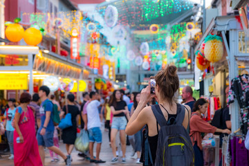 2019 March 1st, Singapore, Chinatown - People walking and shopping on the street market after...