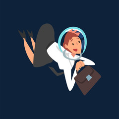 Businesswoman in Astronaut Helmet Flying in Outer Space, Business Development Strategy, Leadership Vector Illustration