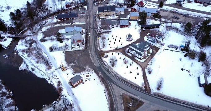 Aerial footage taken by drone of small town Lyndonville and Burke Vermont.