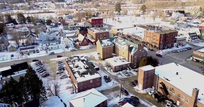 Aerial footage taken by drone of small town Lyndonville and Burke Vermont.