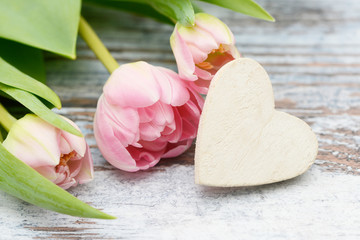 white Heart with pink flowering  tulips on wood