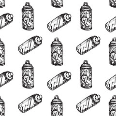 Graffiti spray can vector doodle seamless pattern isolated on white. Aerosol paint in a tank. Hand drawn illustration.