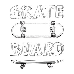 Set of skateboards isolated on white. Doodle Longboard, pennyboard. Hand drawn vector illustration.