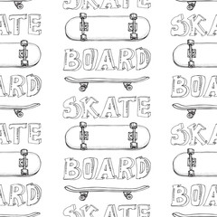 Skateboards seamless pattern. Doodle Longboard, pennyboard. Hand drawn vector background.