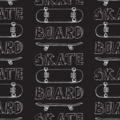 Skateboards seamless pattern. Doodle Longboard, pennyboard. Hand drawn vector background.