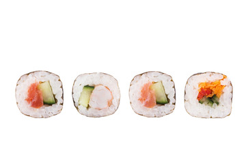 Sushi rolls isolated on white background. Collection. Close-up of delicious japanese food with sushi roll.