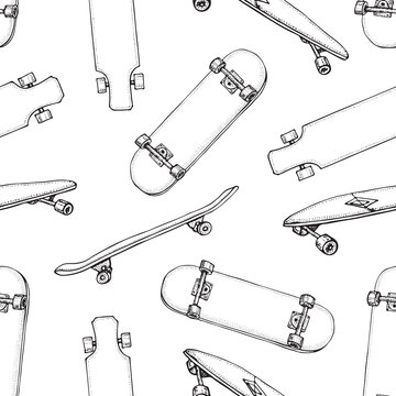 Skateboards seamless pattern. Doodle Longboard, pennyboard. Hand drawn vector background.