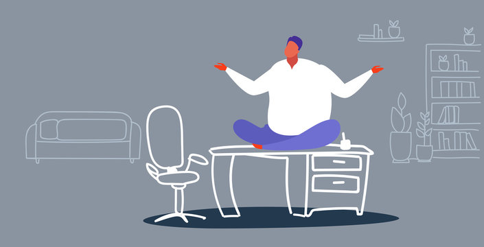 fat businessman freelancer sitting lotus pose on table workplace desk obese business man keeping calm yoga meditation concept office interior sketch doodle horizontal
