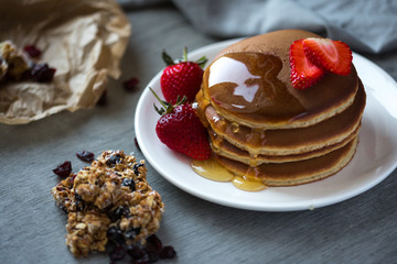 Photo of trendy asian food fluffy pancake, Japan pancake, souffle pancake with syrup and strawberry for menu, web or app using.