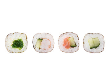 Sushi rolls isolated on white background. Collection. Close-up of delicious japanese food with sushi roll.