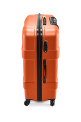 Naklejka premium Modern plastic orange suitcase on wheels for business trips