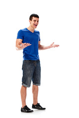Happy athletic sporty man gesturing with hands on white background