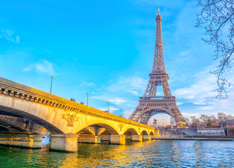 View of Eiffel Tower and Jena bridge from the Seine river in Paris at evening, France