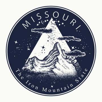 Missouri. Tattoo and t-shirt design. Welcome to Missouri (USA). The iron Mountain State slogan. Travel concept