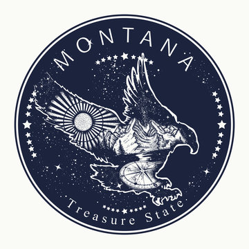 Montana. Tattoo and t-shirt design. Welcome to Montana (USA).  Treasure State slogan. Travel concept