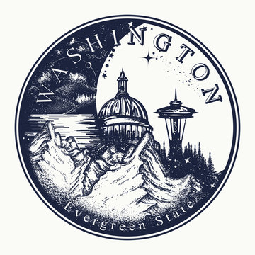 Washington. Tattoo and t-shirt design. Welcome to Washington (USA).  Evergreen State slogan. Travel concept