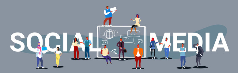 people group using tablet computer social media network communication concept digital device screen mobile application development full length sketch doodle horizontal banner