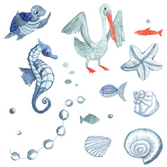 sea ​​inhabitants in blue color, shells, bubbles, seahorse, blue fish, red fish, pelican with a red beak, watercolor