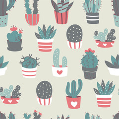 Seamless Pattern of Cactuses with Pot in Doodle Style.