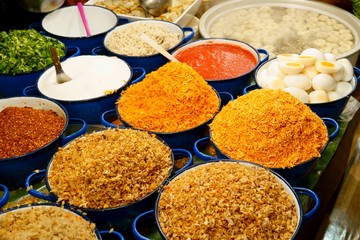 ingredients Noodles in Thai spicy tom yum soup with pork