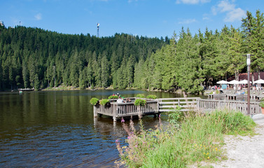 Obraz premium Black Forest in Bavaria, Germany. Untouched nature with mountains, forests and deep-sea lakes and enchanting countries. Mummelsee lake with mermaid statue.