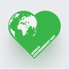 World environment day. Poster with green heart and planet Earth. Eco friendly concept.