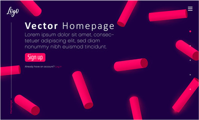Purple web homepage template with icons and pink abstract cylinders pattern.
