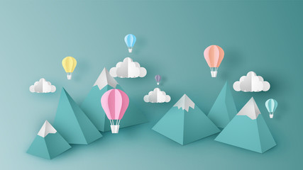Design illustration of mountain view scene with hot air balloons float up in the sky on 3D paper art style. Hot air balloon float up in the sky. pastel paper cut and craft style. vector, illustration.