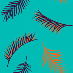 Fototapeta na wymiar Seamless hand drawn tropical summer pattern with colorful palm leaves on a blue background