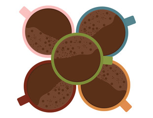 Pile of Colorful coffee mugs creating flower shape top view