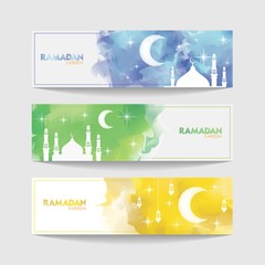Ramadan Kareem Banner Set. Colorful Watercolor Cloud Ramadan Celebration Banner, Vector Illustration for greeting card, poster and voucher.