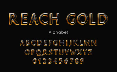 Reach Gold alphabet and font. Vector letters and numbers