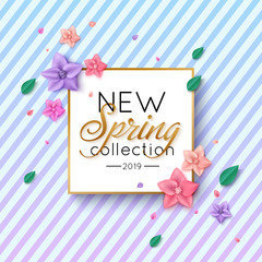 Spring New Collection Banner with colorful flowers and foliage on striped background