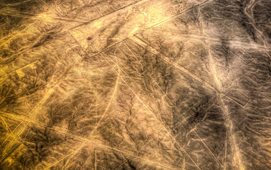 Aerial airplane panoramic view to Nazca geoglyph lines aka Condor, Ica, Peru