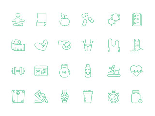 Sport icons. Health fitness nutrition and items trainer fit coaching dieting yoga vector symbols. Illustration of sport and fitness, health nutrition vitamin, training and dieting illustration