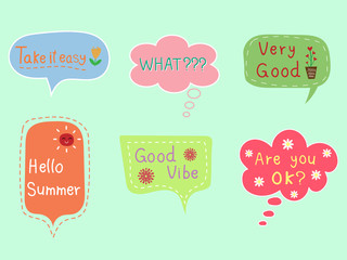 Colorful pastel speech bubble with text on blue isolated background. Sweet and cute vector art pattern for chat, message, template, sticker and other design in minimal trendy vintage retro concept.