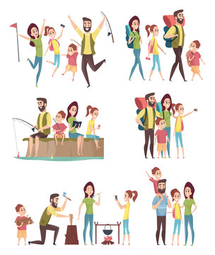 Family hiking. Couples with kids exploring travellers tourists happy adventure in mountains camping vector characters. Adventure tourism family, outdoor picnic and activity trekking illustration